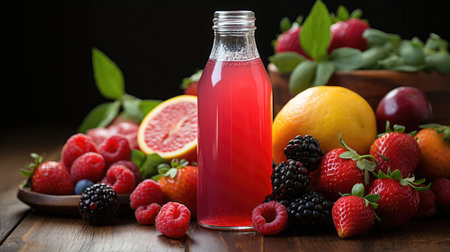 Bottle of berry juice with fresh fruits on wooden table.の素材