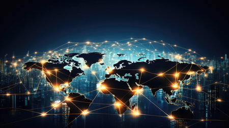 Global network connection concept with world map on city background. 3D renderingの素材