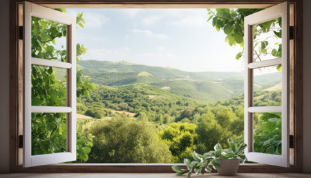 View from the window on the green hills of Tuscany, Italyの素材