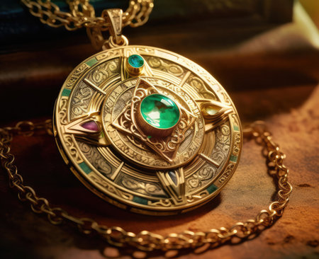jewelry pendant with green emerald, closeup of photoの素材