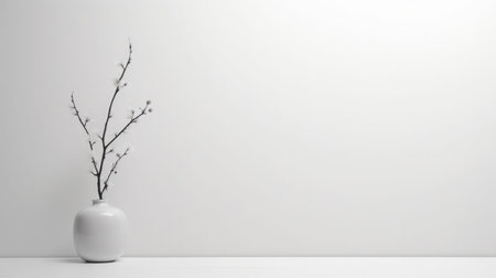 White vase with willow branches on a white background. Minimalism indoors: clean, simple arrangement for a serene living space.の素材