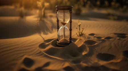 Sandglass in the desert at sunset time. Sand clock on sand background. Time slipping away: Hourglass measuring the passage of moments.の素材