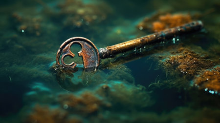 Old key in the water. Selective focus. Shallow depth of field.の素材