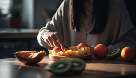 Young woman eating fresh fruits in the kitchen. Healthy eating concept. Fresh fruits bowl in a sunlit modern kitchen, vibrant and invitingの素材