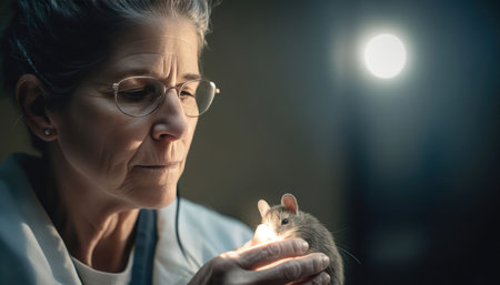 Veterinarian examining a rat in a veterinary clinic. Portrait of a female veterinarian.の素材