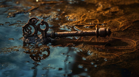 Old rusty key in a puddle of water. 3d illustrationの素材