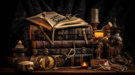Vintage still life with old books and candlesticks on a dark backgroundの素材