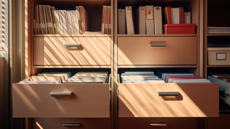 Organized workspace with open drawers in a modern office setting, providing efficient storage and easy access to essentialsの素材
