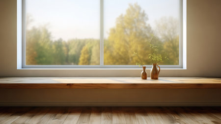 Empty room with window and plant in vase - 3d renderingの素材