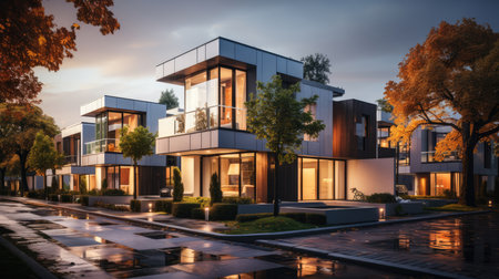 Modern house in the evening. Modern house in the evening light.の素材