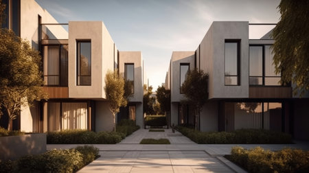 Modern house exterior at sunset. 3d render. Concept for real estate and architecture.の素材