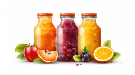 Bottles of fruit juices with fresh fruits and berries on white backgroundの素材