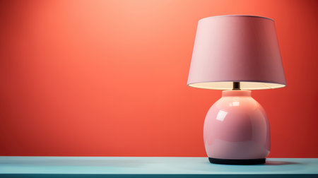 Pink lamp on a blue shelf with red background. 3d renderingの素材