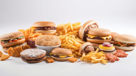 fast food on white background. hamburger, french fries, chipsの素材