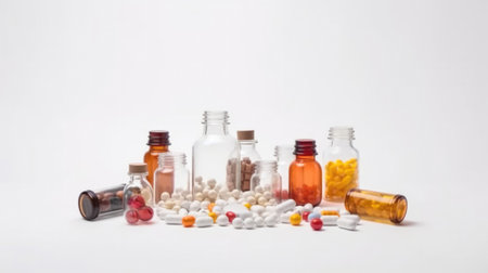 Pharmaceutical medicine pills and capsules spilling out of pill bottle on white backgroundの素材