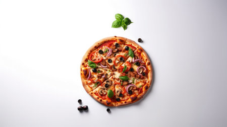 Pizza with olives and basil on a white background, top viewの素材