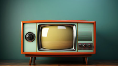 Retro TV on the wooden table. 3d render illustration.の素材