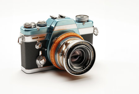Retro camera isolated on white background. Close-up view.の素材