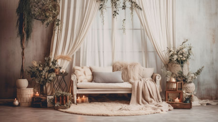 Luxury interior of a living room with a sofa and a bedの素材