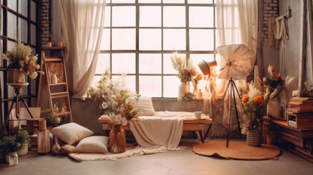 Interior of living room in loft style with sofa, armchair, table and flowersの素材
