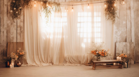 Wedding decor. Interior of the room decorated with flowers and curtainsの素材