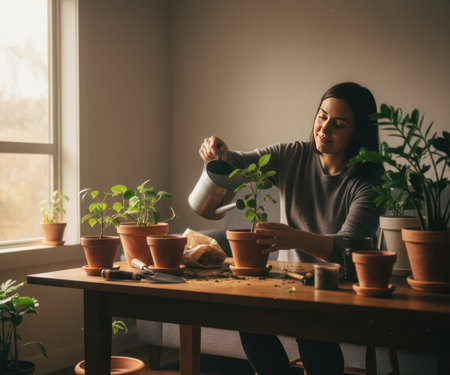 Beautiful young woman watering plants while sitting at the table at homeの写真素材