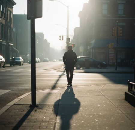 Young man walking in the street in the morning, low angle viewの写真素材