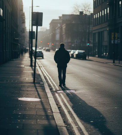 A young man walking on a city street in the early morning.の写真素材