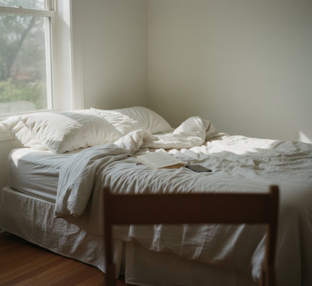 Luxury bedroom with white bedding, pillows and blanketの写真素材