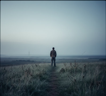 Man walking alone in the field with fog in the background.の写真素材