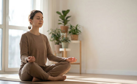 Young woman practicing yoga at home, sitting in lotus position and meditatingの写真素材