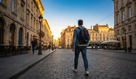 Young man with backpack walking on the street.の写真素材