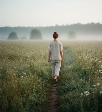 Back view of a young woman walking in the field at sunrise.の写真素材