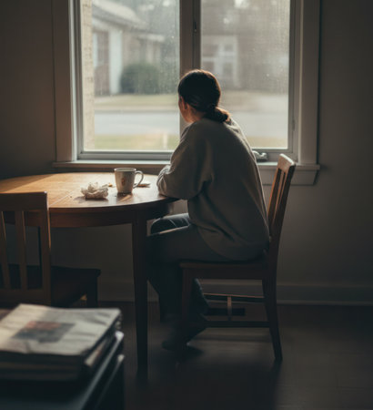 Young woman sitting at the table and drinking coffee in the morning.の写真素材