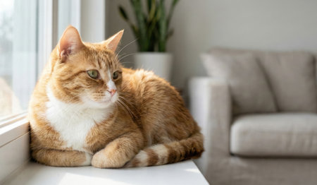 Cute ginger cat lying on the windowsill in the living roomの写真素材