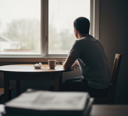Man sitting at the table with cup of coffee and reading book.の写真素材