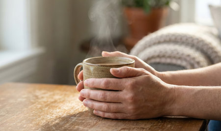 Man holding cup of hot coffee on table at home, closeupの写真素材
