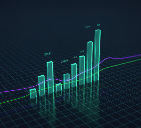3d rendering of a glowing bar chart on a dark background.の写真素材