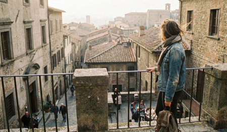 A young woman is standing on the balcony and looking at the city.の写真素材