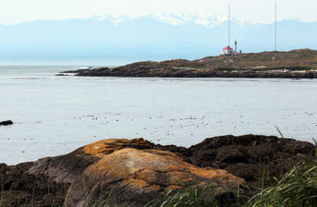 tranquil island with light houseの写真素材