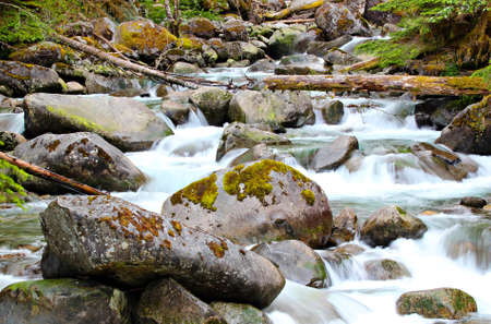bubbling mountain stream fed from snow meltの写真素材