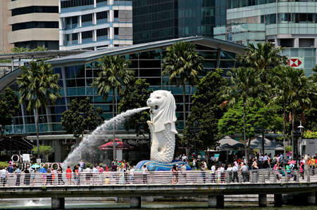 SINGAPORE - APRIL 23  The Merlion is a mythical creature used as a mascot and national personification of Singapore  The Merlion Park on April 23, 2013 in Singapore のeditorial素材