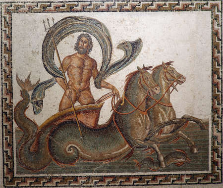 Ancient mid 3rd century Roman mosaic depicting Neptune being drawn in his chariot by two hippocamps while holding a trident in his right hand のeditorial素材