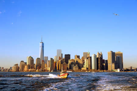 NEW YORK CITY, USA - APRIL 19: U.S. Coast Guard boat patrolling the Hudson River bay. April 19, 2015 in New York City, USAのeditorial素材