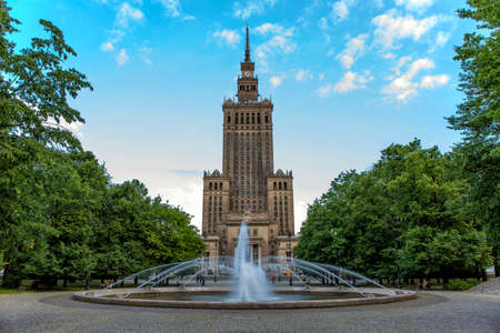 WARSAW; POLAND - JUNE 09: The Palace of Culture and Science with fountain in foreground as seen on 09 June 2015 in Warsaw; Polandのeditorial素材