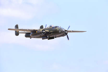 Everett, WA, USA - July 30, 2016: A North American B-25J Mitchell bomber was seen flying over...