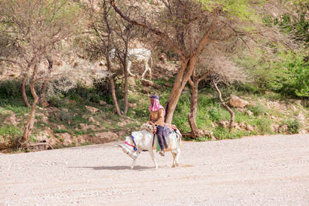 Riyadh, Dhurma, KSA - Mar 24, 2017: Bedouin shepherd riding a desert donkeyのeditorial素材