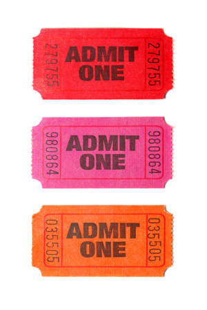 Three Admit One tickets isolated on white backgroundの写真素材