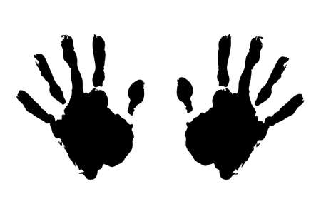 Black hand prints on pure white backgroundの写真素材