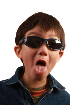 5 Years old making funny face on pure white background
